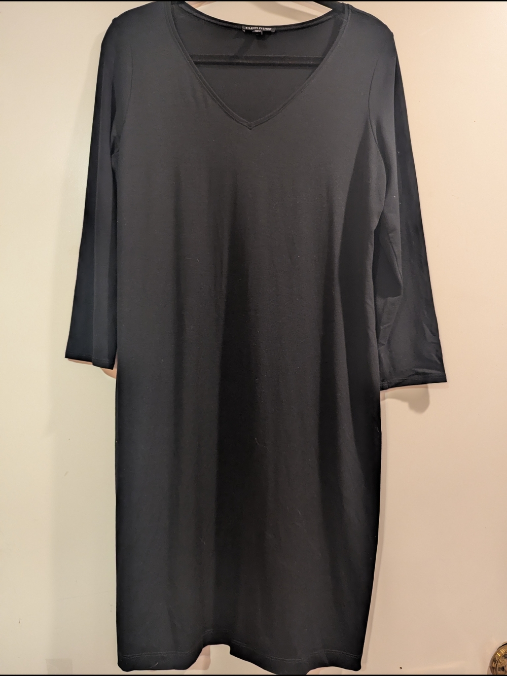 Eileen Fisher Black V-Neck Midi Shift Dress - Minimalist Silhouette